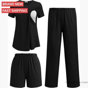 Maternity Nursing Pajama Set Short Sleeve Top Adjustable Waistband